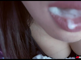 Horny Thai Asian sexy eyes scuk her husband cock in car public before swallow in her mouth POV
