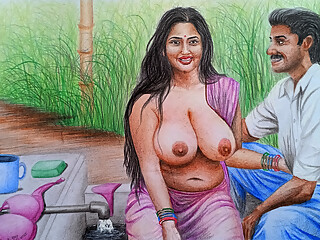 Erotic Art Or Drawing Of A Sexy Desi Indian Village Woman Fucking with Brother In law in An Open Bath