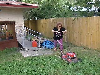 Nurse Vicki Mowing Grass dressed then topless