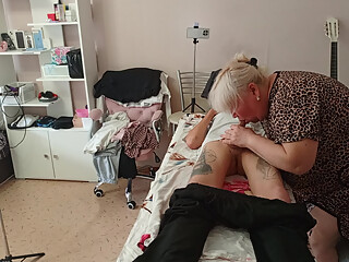 Stepmom sucks and jerks off my dick on the massage table and swallows cum