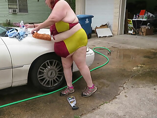Car wash in and out of my iron man bikini set part 2 flashing