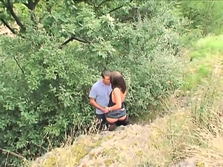 Young and sexy brunette in black stockings gets fucked in common places