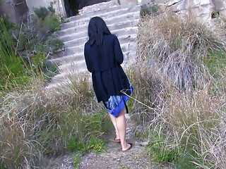 Exotic young girl outdoor ass fucked and banged in a double penetration by two guys