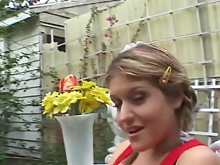 Big boobs blonde and Asian girl masturbation in the garden