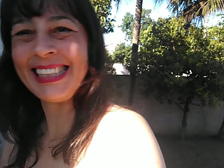 Exhibitionist wife naked at the top of the front stairs