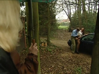 Pretty brunette pussy fucking in dogging position in the car